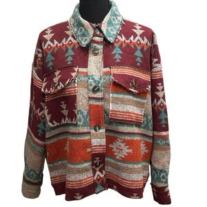 La Miel Southwest Aztec Print Button Front Shacket Women's Size Small Distressed